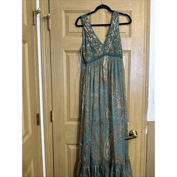 Ranna Gill Anthropologie Dress 8 Boho Paisley Sequin Embroidered Maxi Sleeveless - Picture 3 of 16